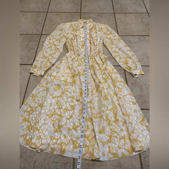 VINTAGE 80s Rouie Golden Floral Jacquard Midi Dress Tie Neck Puff Sleeve Size 4 - Picture 7 of 7